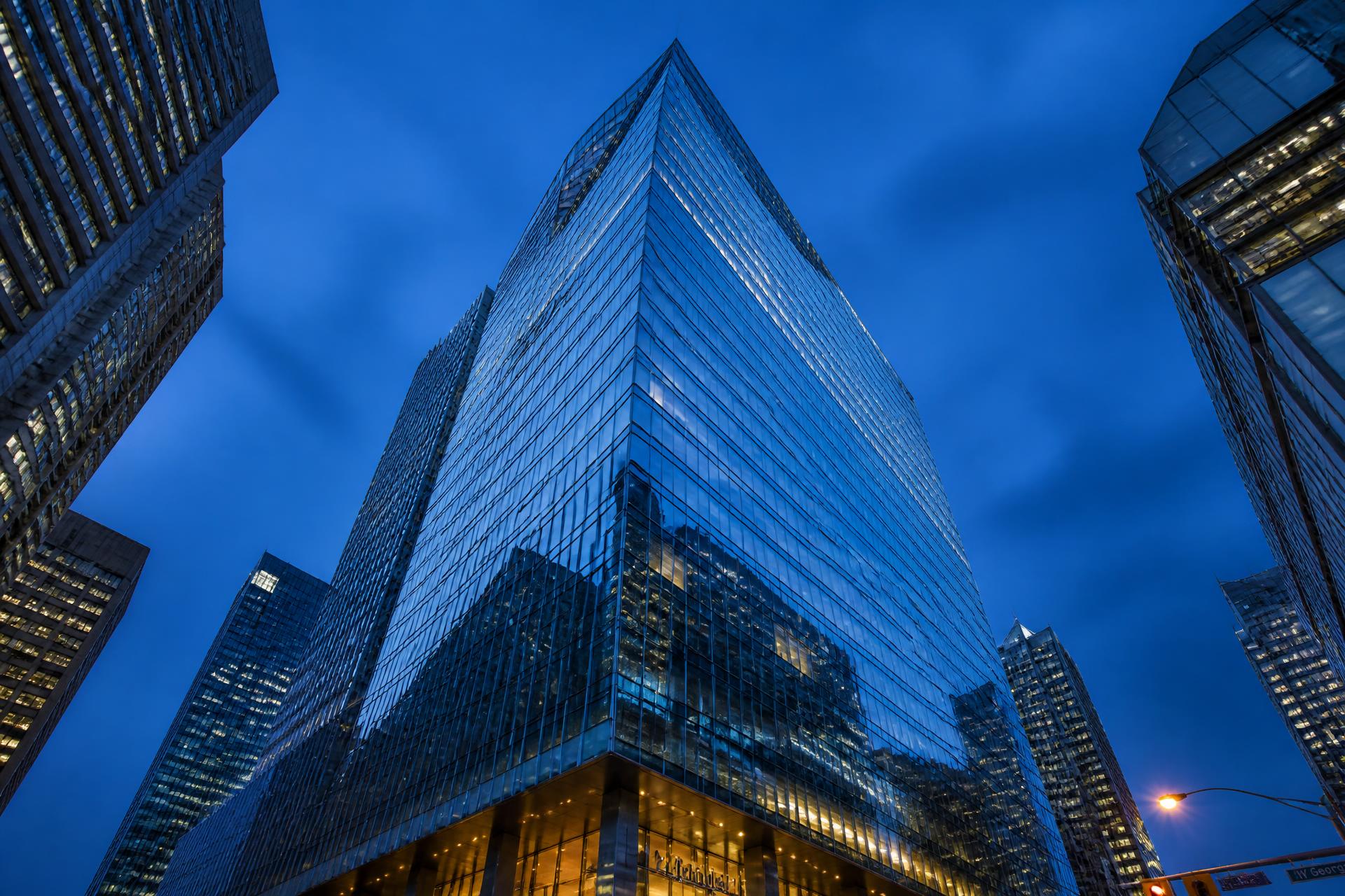 Prestigious commercial high-rise tower in Vancouver at blue hour