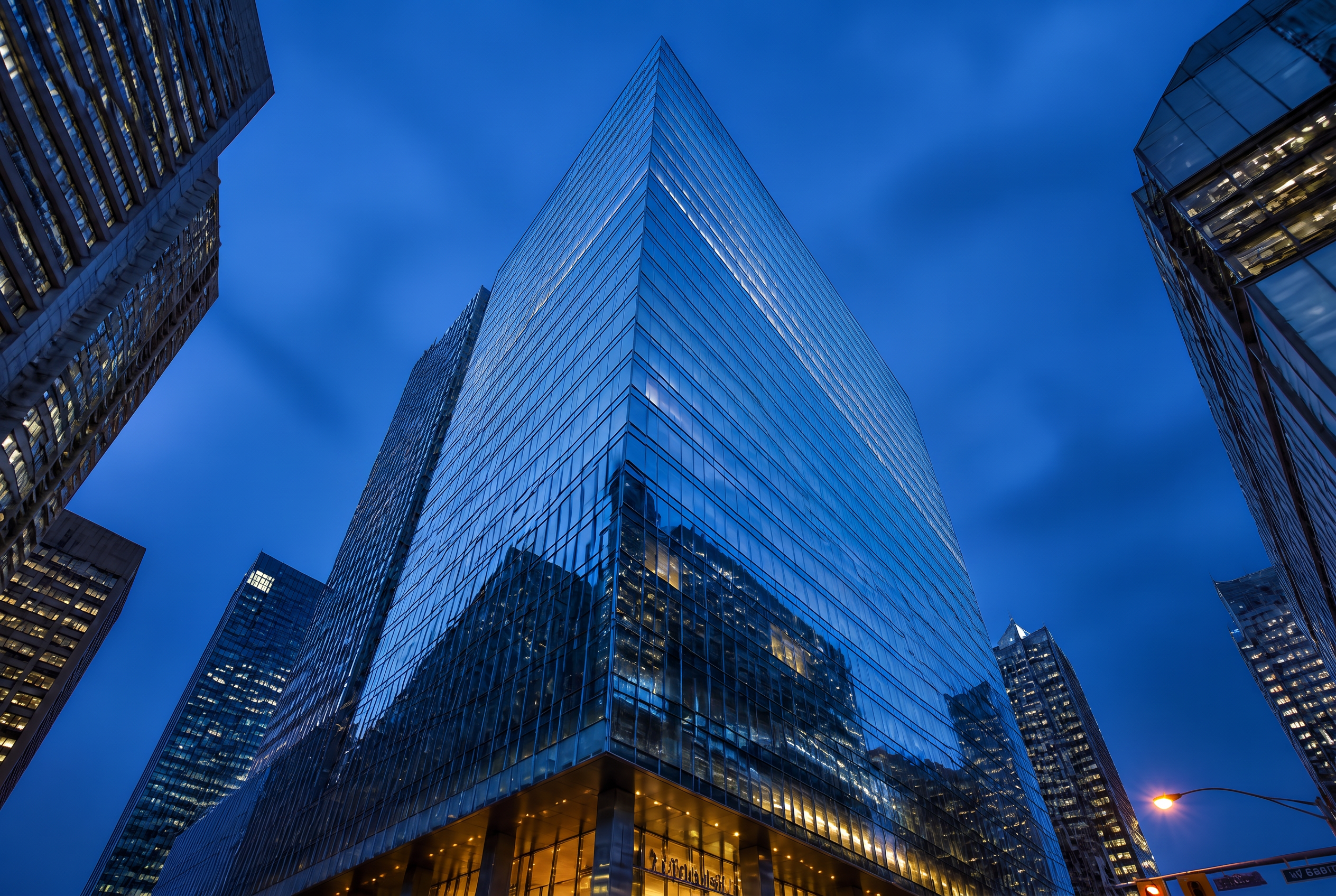 Prestigious commercial high-rise tower in Vancouver at blue hour
